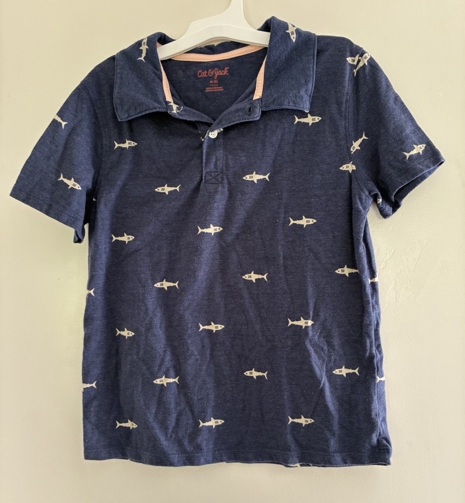 Cat & Jack Kid Boys Shark Print Cotton Blend Short Sleeve Polo Shirt Navy Blue M