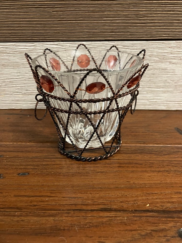 Partylite bronze votive candle holder amber beads metal glass