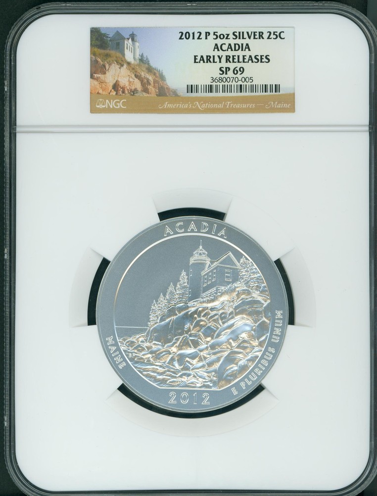 2012-P ACADIA MAINE NATIONAL PARK ATB 5 OZ. SILVER NGC SP69 EARLY RELEASES E.R.-image