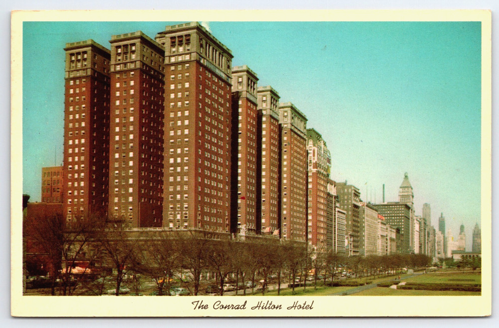 Chicago Illinois Il Conrad Hilton Hotel Buildings Cars Vintage Photo Postcard