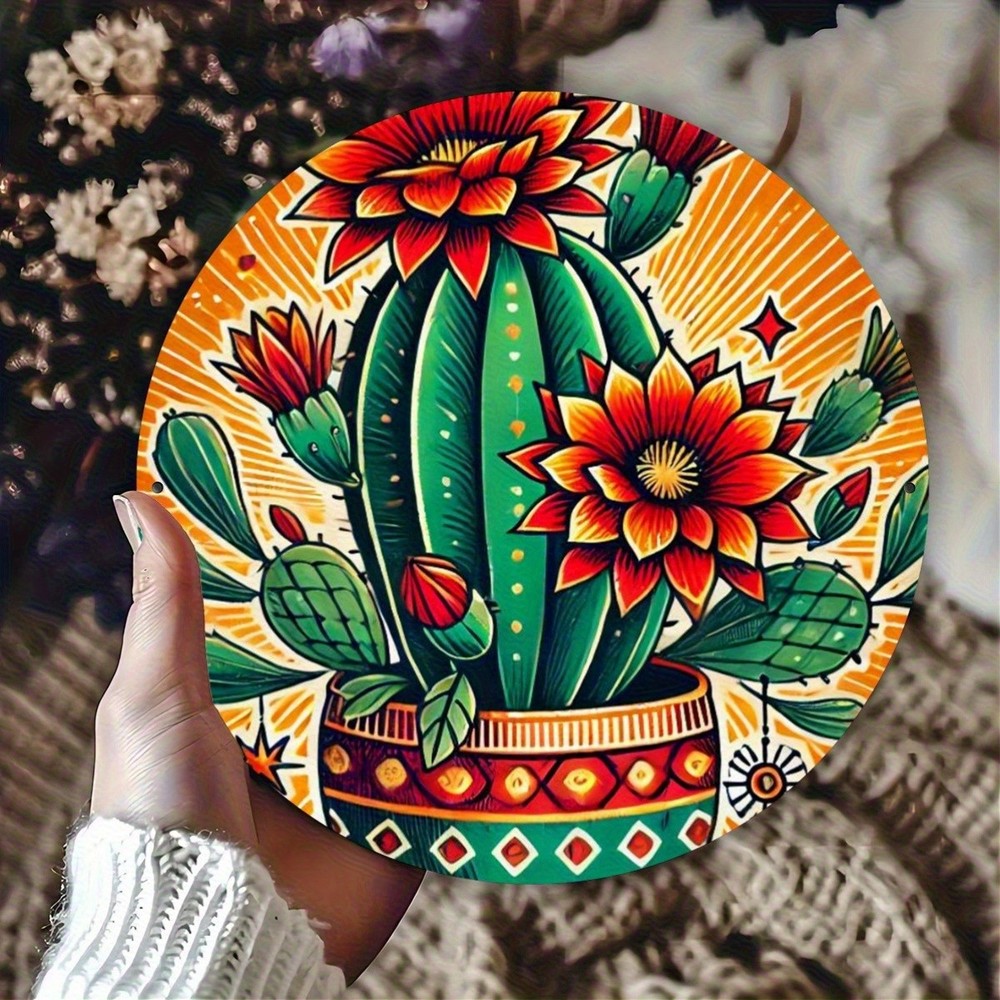 Vintage Cactus and Sunflower Round Aluminum Desert Theme Decor