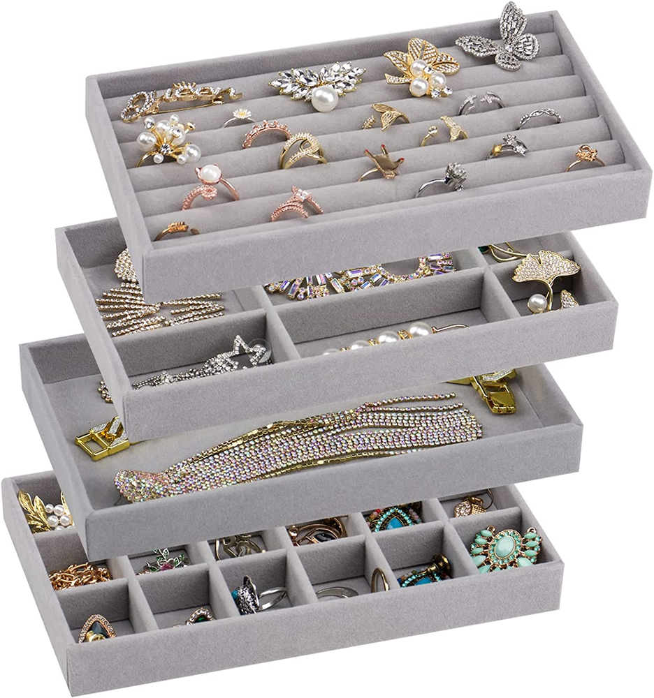 Stackable Velvet Jewelry Trays Organizer for Drawers, Small Jewelry Drawer Organ