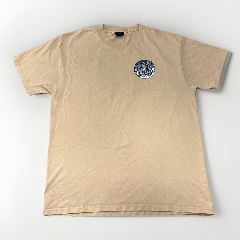 Vintage Santa Cruz Skateboards T Shirt Mens L Beige Graphic Logo Blue Flame Y2K