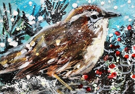 ORIGINAL ACEO PAINTING Brown WREN Winter BIRD Snow Animal Pine Nature ATC ART