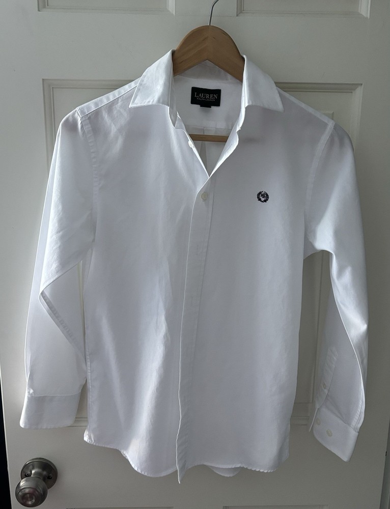Lauren Ralph Lauren Boy’s White Cotton Blend Dress Shirt with Navy Logo Size 16