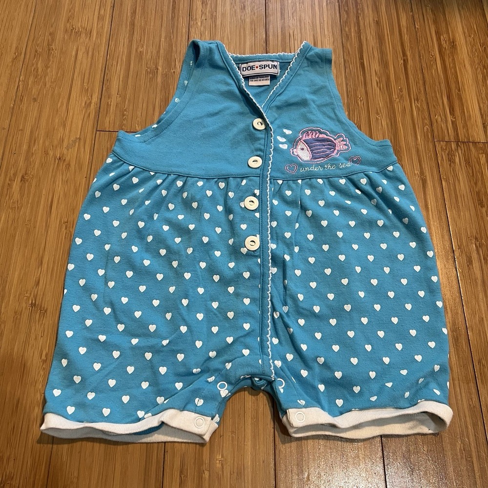 Vintage 90s Doe Spun Fish Under The Sea Romper One Piece Hearts Girls 18 Months