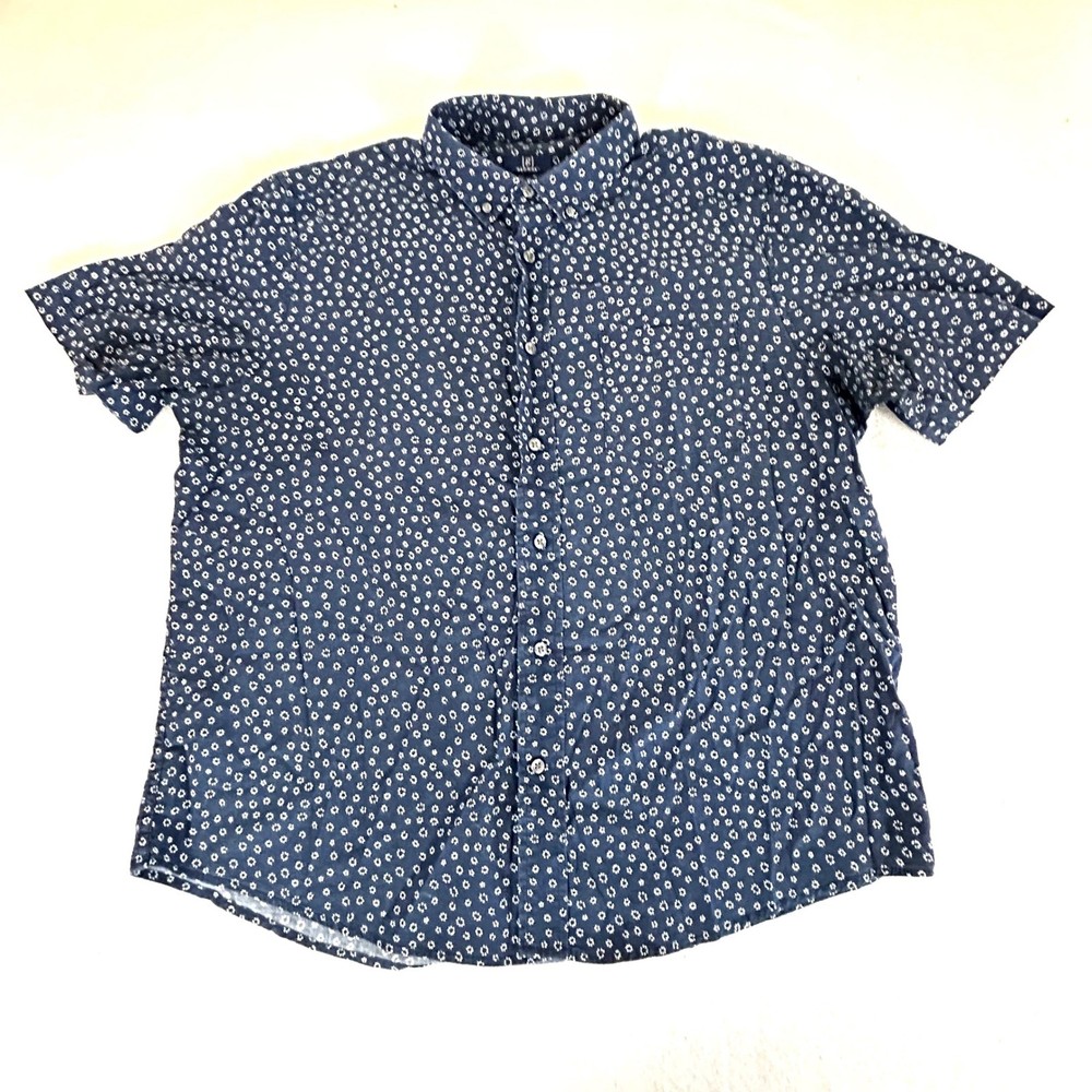 George Mens XL Classic Fit Button Down Short Sleeve Shirt Blue White Floral