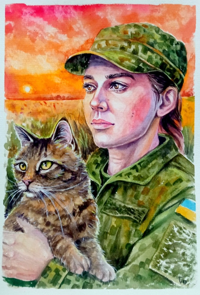 Ukrainian Woman Soldier Cat, Watercolor Painting, War Art, Military Portrait