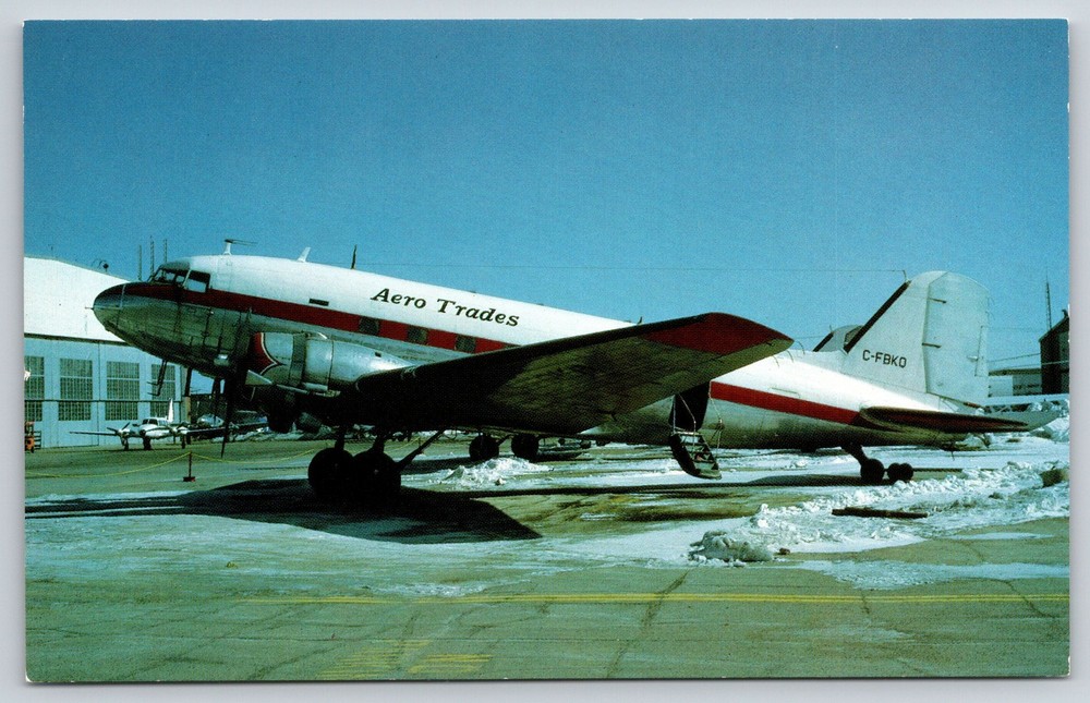 Aircraft~Aero Trades Douglas DC-3 Propeller Airliner~Winter Scene~1950s Postcard