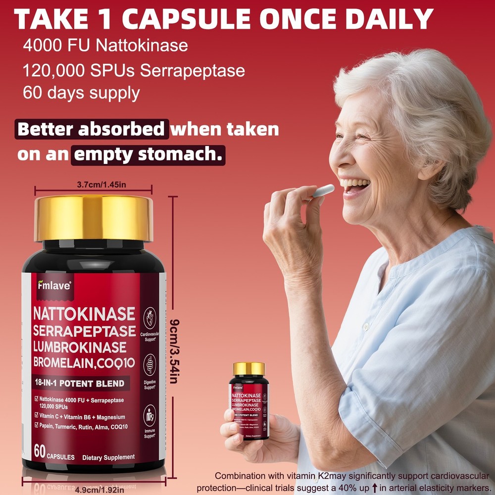 Nattokinase 4000 FU Enzyme, Supports Heart Health & Circulation 18 in 1, 60 caps