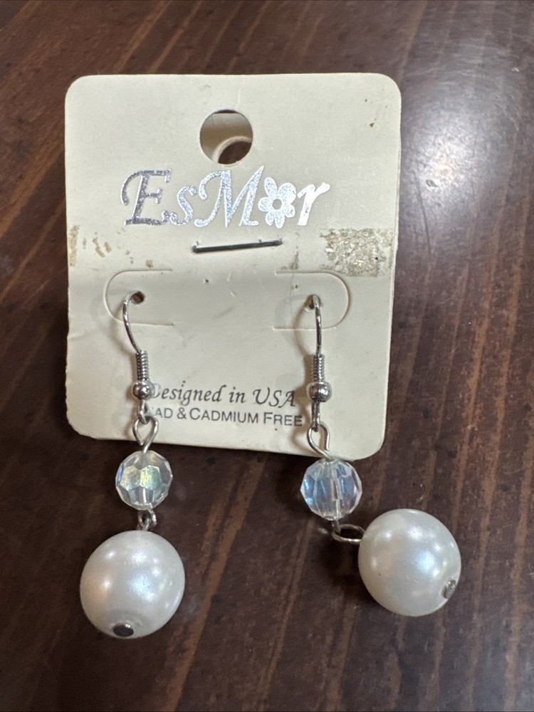 Vintage Esmar Pierced Earrings Pearl Dangle Clear Beads