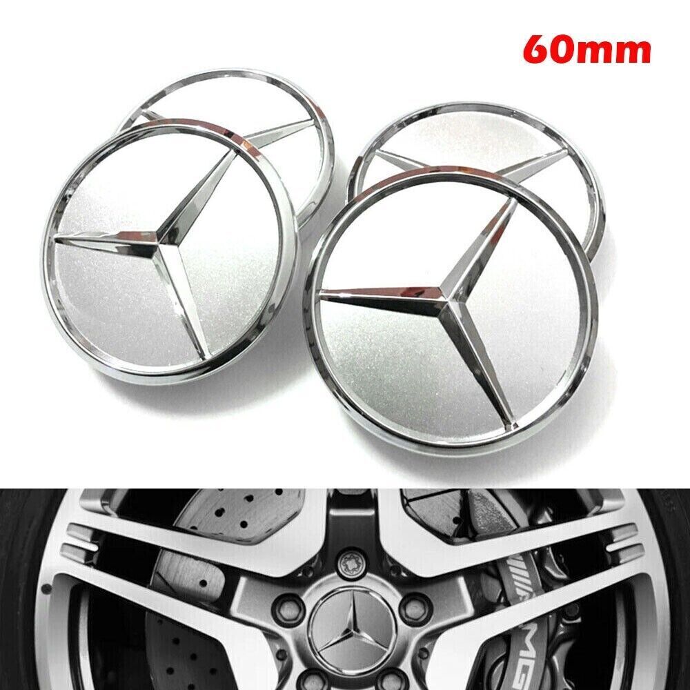 SET 4 Hub Cover 60mm Silver For Mercedes Logo Emblem Rim Wheel Center