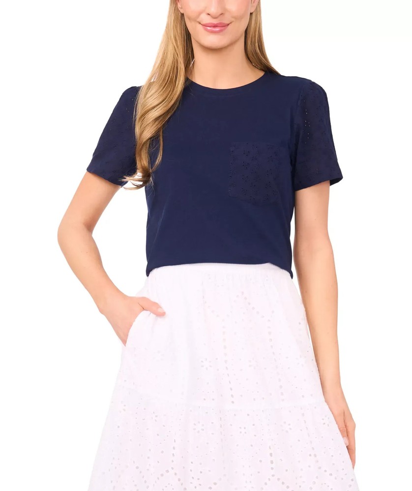 CeCe Women's Top Sz M Cotton Eyelet-Sleeve Patch-Pocket T-Shirt