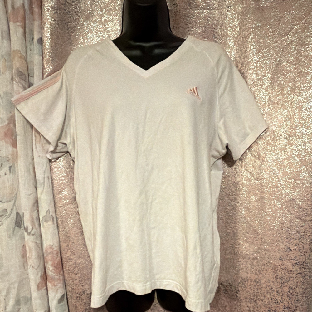adidas Women's White Pink V-Neck Short Sleeve Striped Embroidered T-Shirt XL