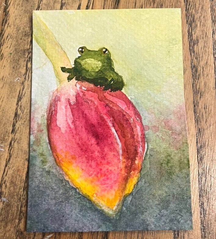 ACEO PRINT tINY frog stuck on pink & yellow tulip Watercolor Painting 3.5x2.5