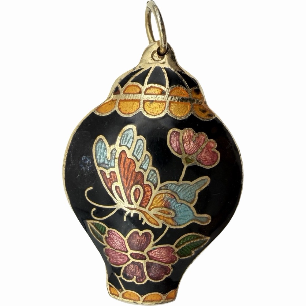 Vintage Cloisonné Butterfly Ginger Jar Pendant Gold Tone Floral Enamel Charm