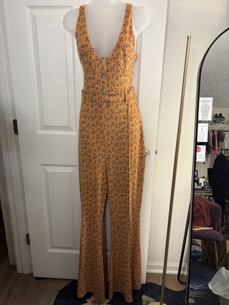 Free People Womens Orange Floral Tank Jumpsuit Size L
