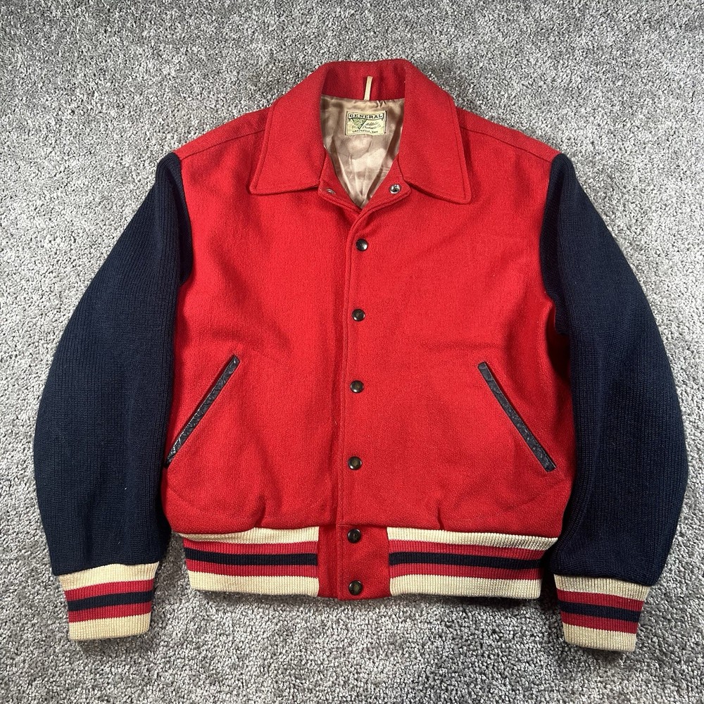 Vintage 1950s Varsity Jacket Red Wool Black Sleeve General Athletic Medium Blank