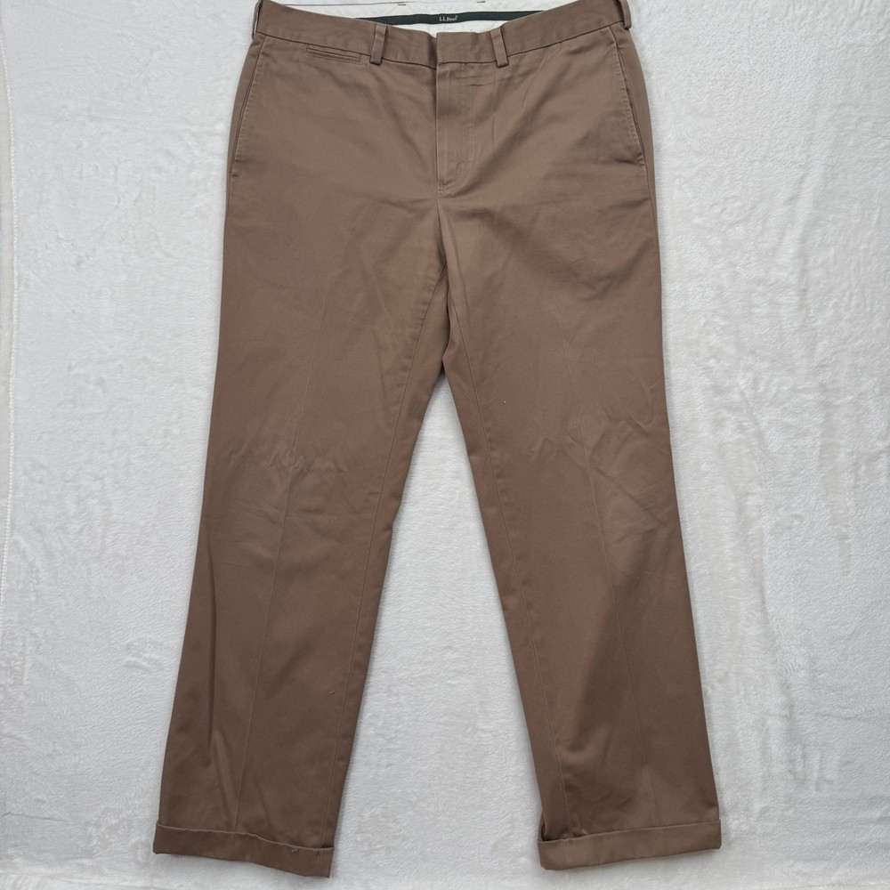 LL Bean Chino Pants Mens 36 Brown Standard Fit Cotton Cuffed Trousers