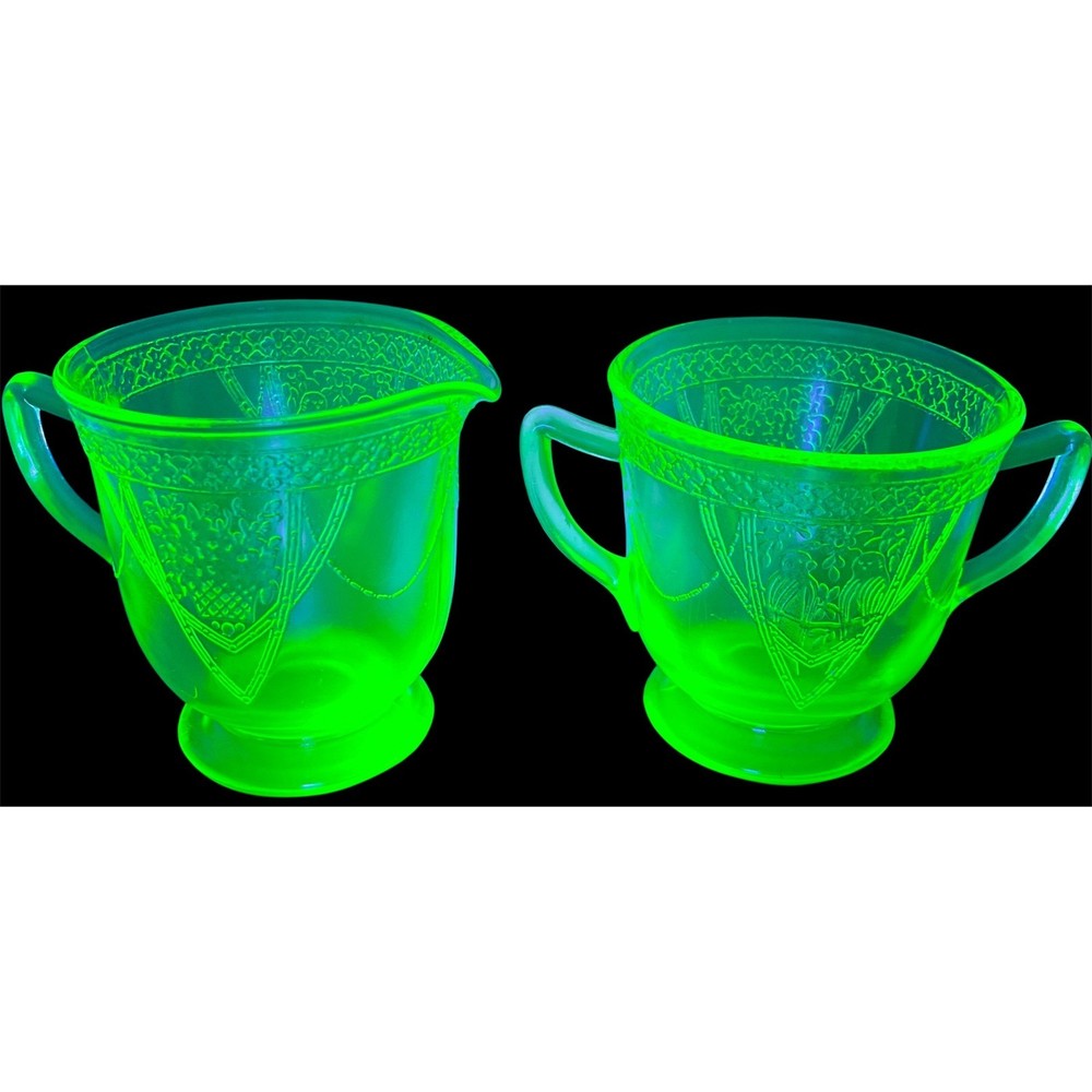 Vintage Jeanette Green Uranium Glass Cherry Blossom Creamer and Sugar Bowl Set