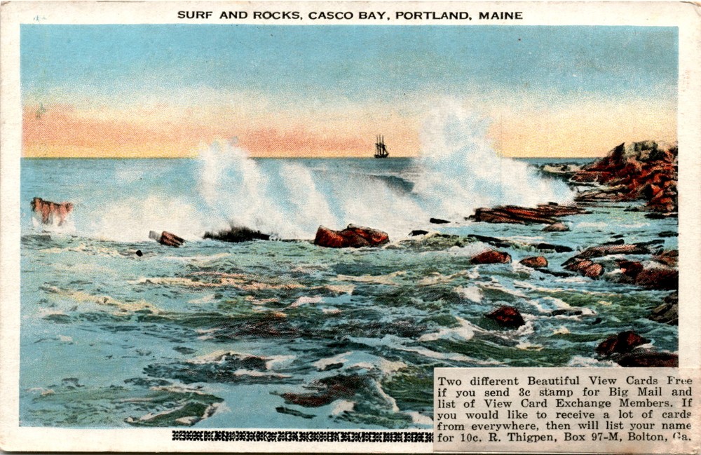SURF AND ROCKS, CASCO BAY, PORTLAND, MAINE, AMERICAN ART Postcard