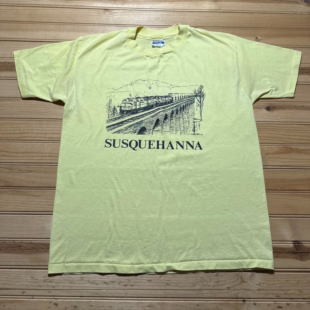 Vintage 80s Hanes Susquehanna Railroad Train Bridge Graphic T-Shirt USA - Large