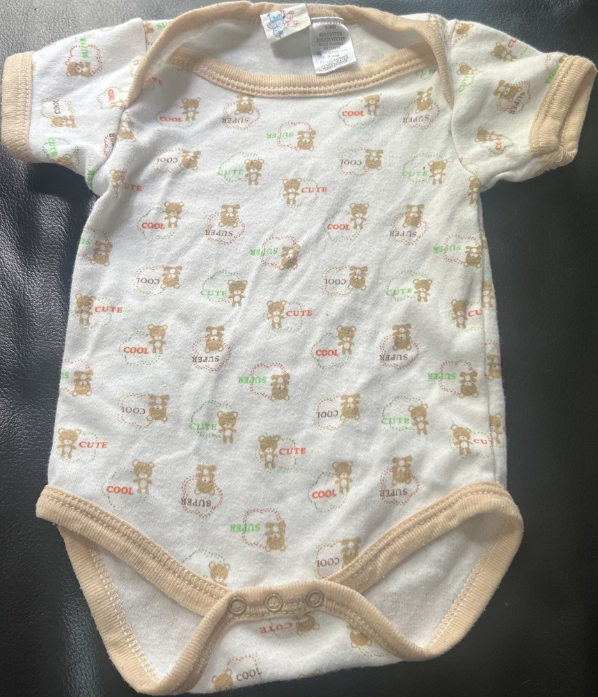 Coney Isle Bear Print Baby Bodysuit 3-6M Short Sleeve Snap Beige Brown White