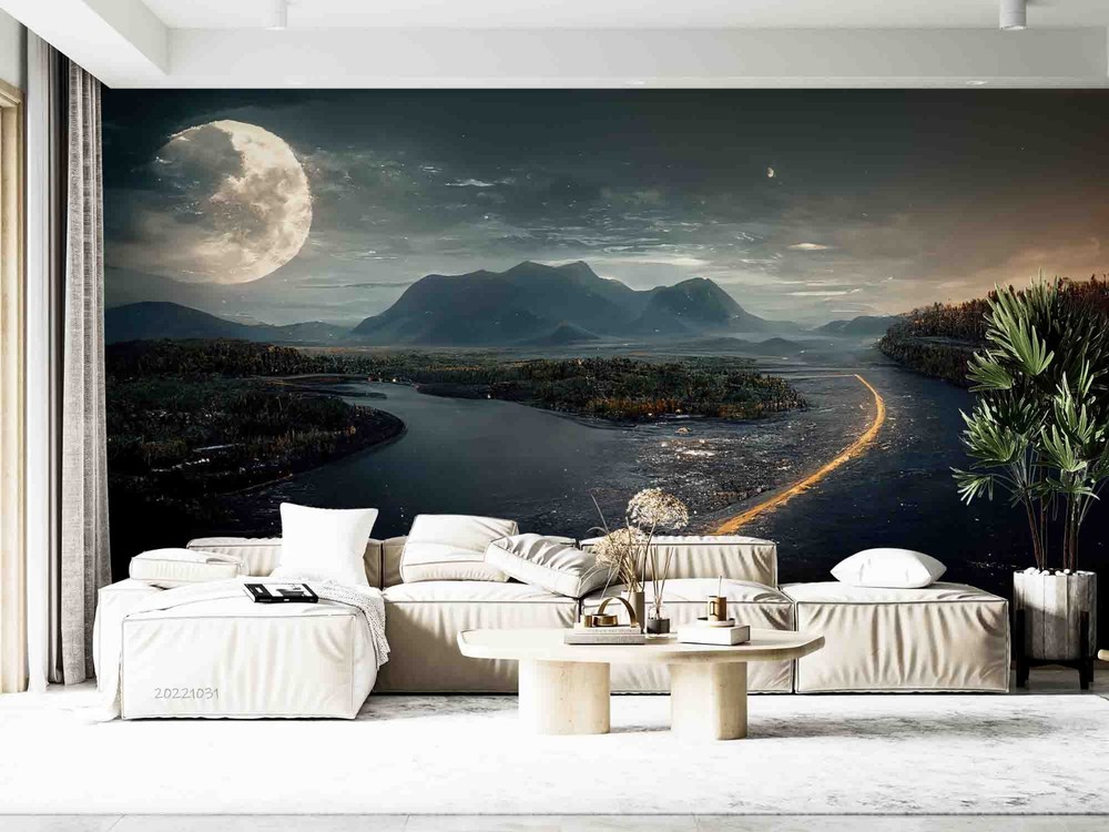 3D Full Moon Mountain River Landscape Wall Murals Wallpaper Murals Wall Sticker