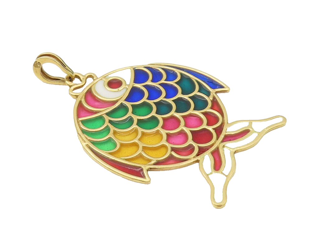 EUROPE 18K GOLD  Vintage Double Sided Plique A Jour Large Fish Pendant  GP621