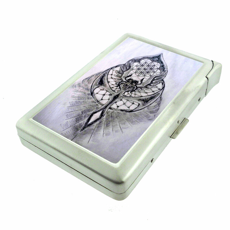 Sacred Art Em1 100's Size Cigarette Case with Built in Lighter Metal Wallet