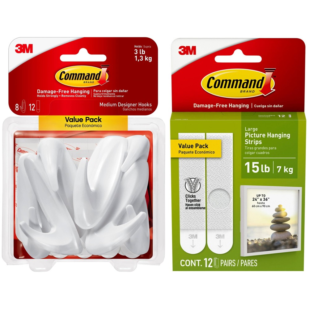 Command Medium Designer Hooks, White, 8 Wall Hooks and Command Hanging Strips