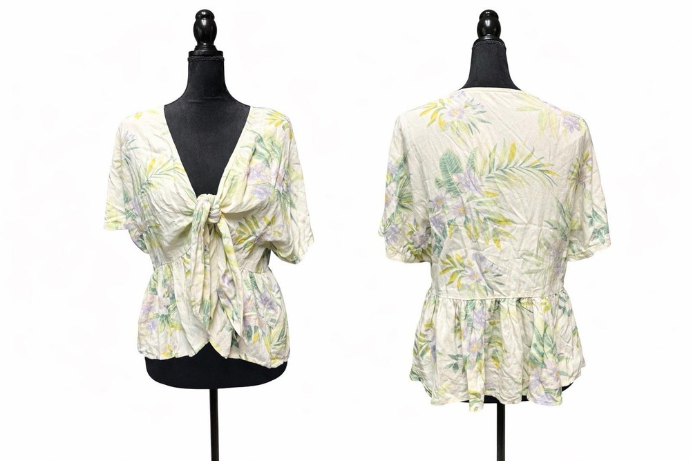American Eagle Floral Tie Front Peplum Top XL Short Sleeve Boho Women’s Shirt