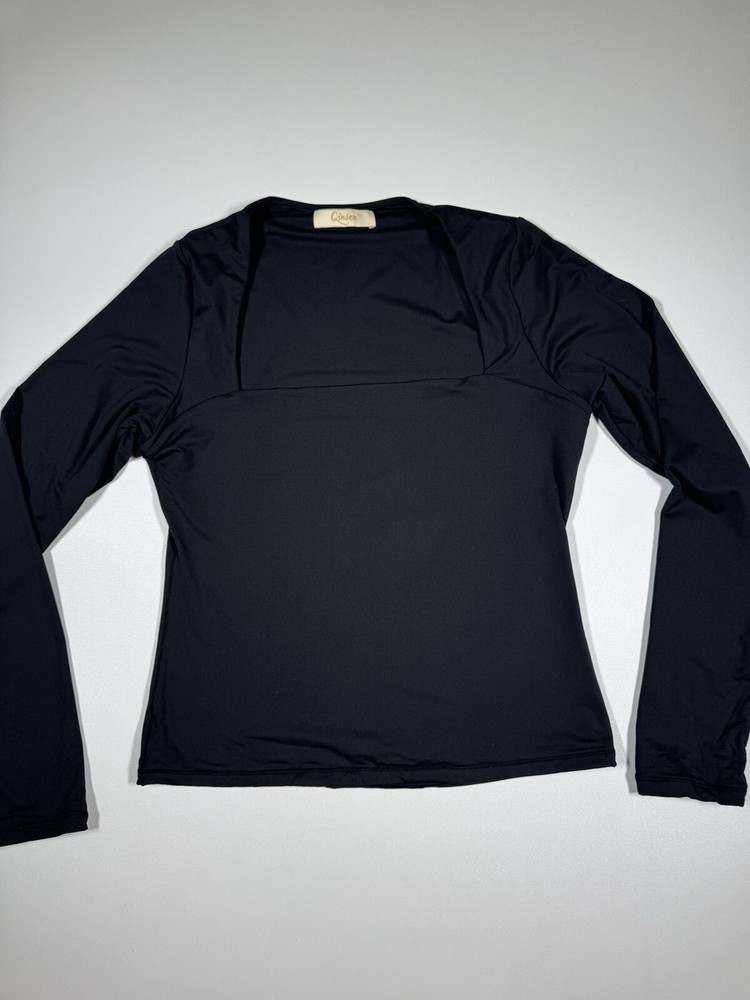 QINSEN Women's Sexy Square Neck Shirt Long Sleeve Double Lined Tees Fitted Sz L