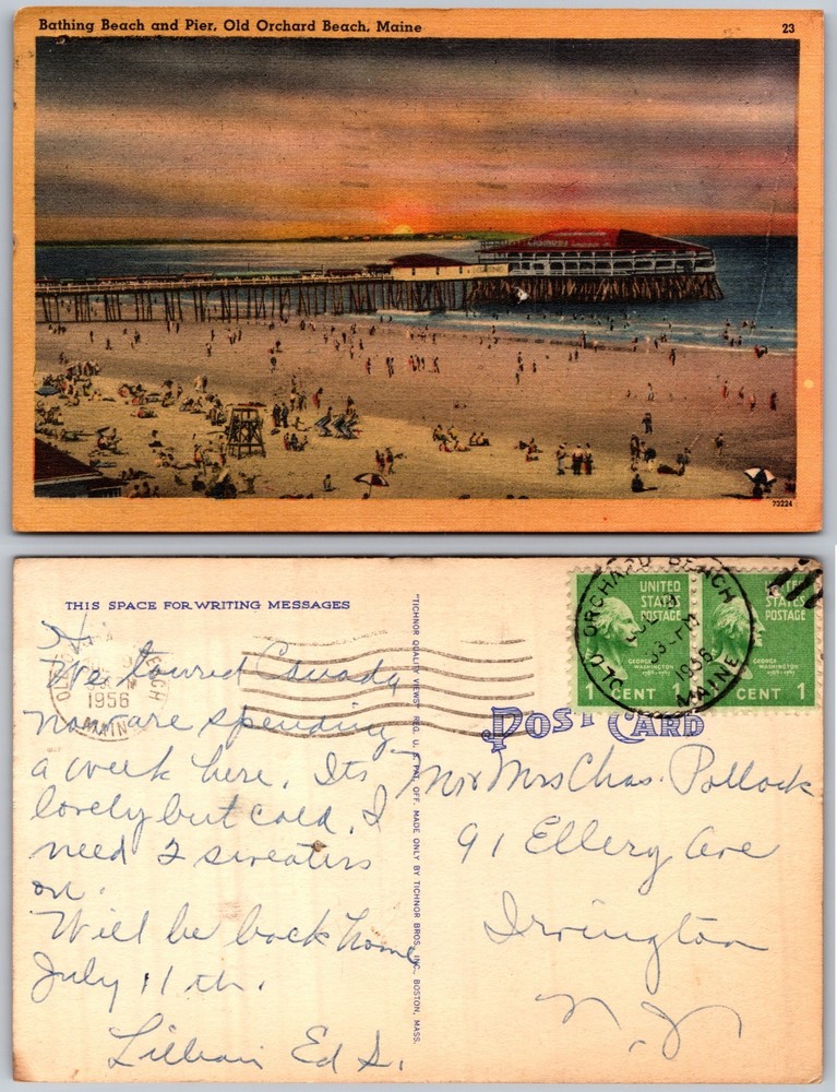 Bathing Beach Pier Old Orchard Beach Maine Sunset Crowd Postcard