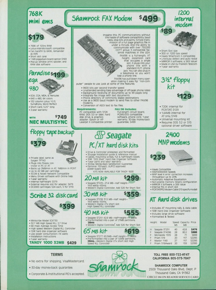 1987 Shamrock Computer Fax Modem Floppy Take Backup Thousand Oaks CA Ad PC2
