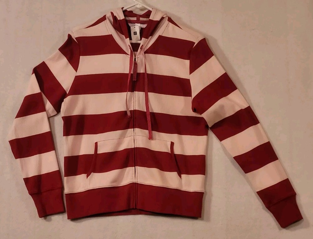 Ladies Gap Hooded Sweatshirt Full Zip Red/White Stripped Front Pockets New NWT