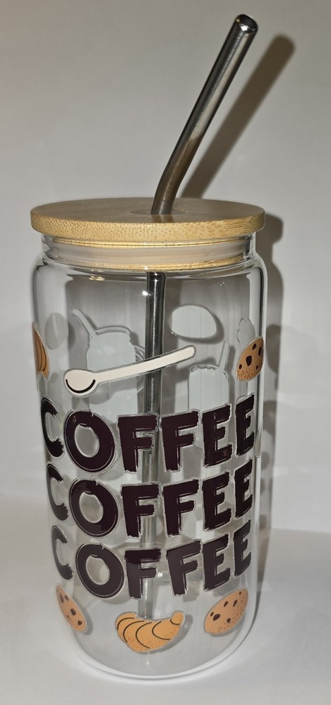 Frappe, Latte Glass Coffee 16oz Cup Wood Lid Stainless Steal Straw And Brush