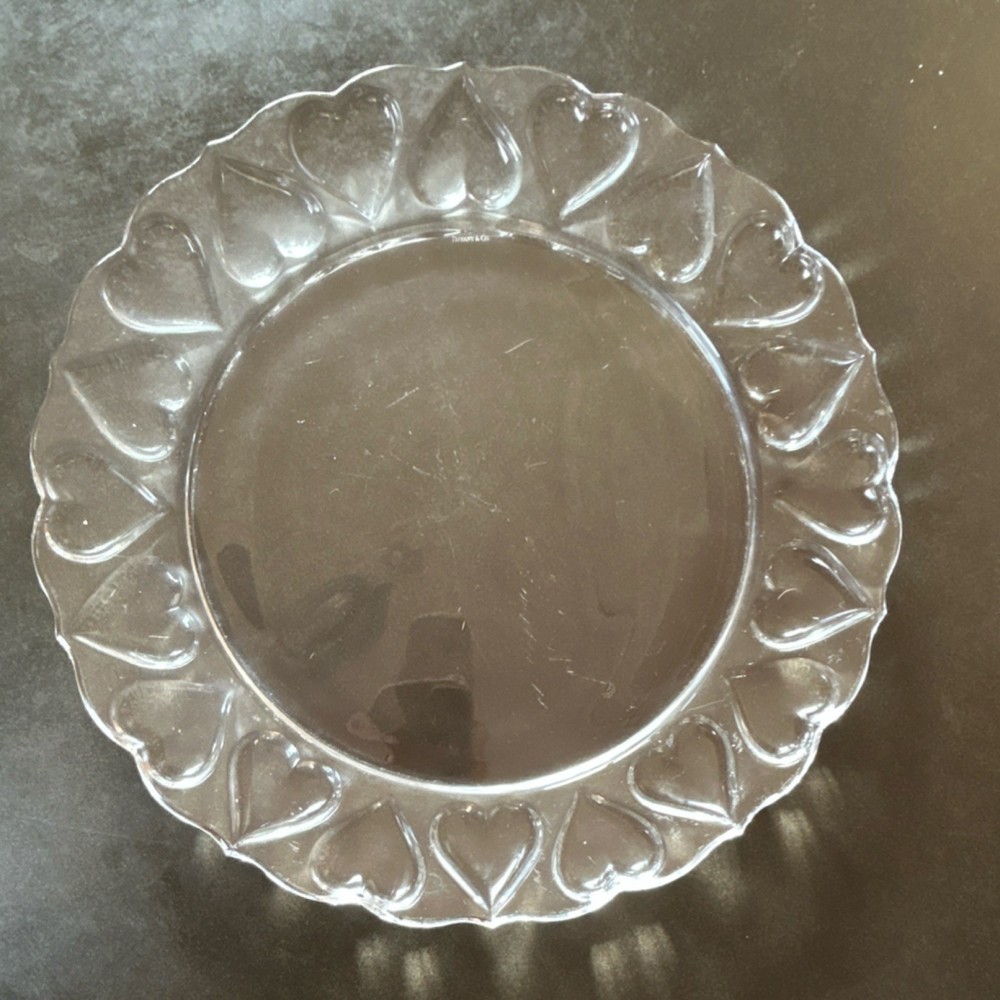Tiffany & Co. Clear Glass Round Plate with Heart Motif