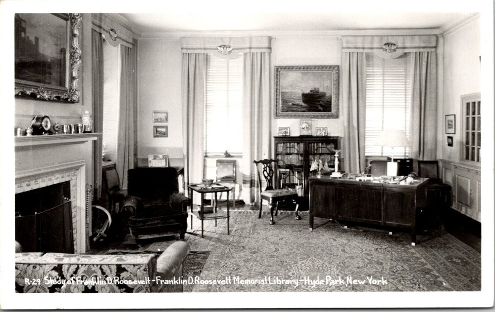 FDR Study Hyde Park NY Real Photo Postcard Franklin D. Roosevelt Library RPPC