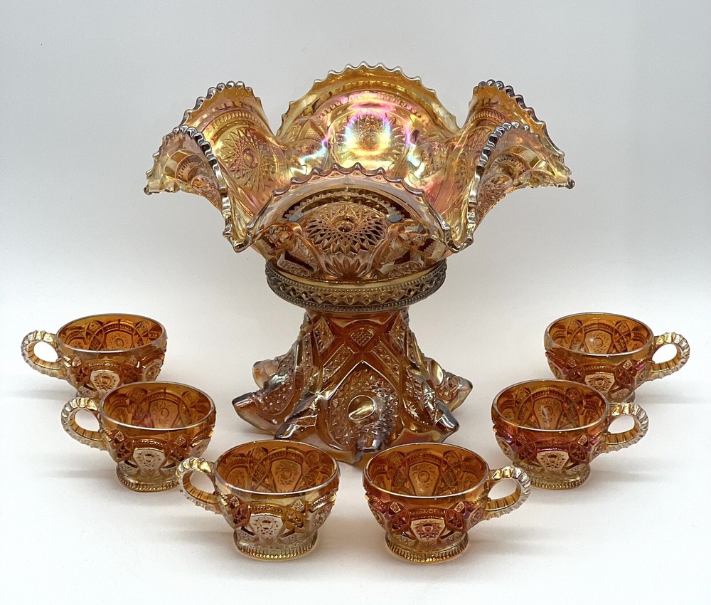 Vintage Marigold Carnival Glass Punch Bowl With Stand And  6 Cups