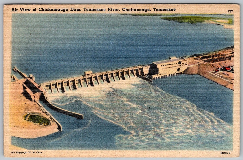 Vtg Linen Postcard Chickamauga Dam Air View Chattanooga, TN 1940s