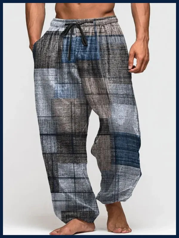 Men's Wide-Leg Pants Drawstring Loose-Fit 3D Retro Patchwork Print Summer 2026