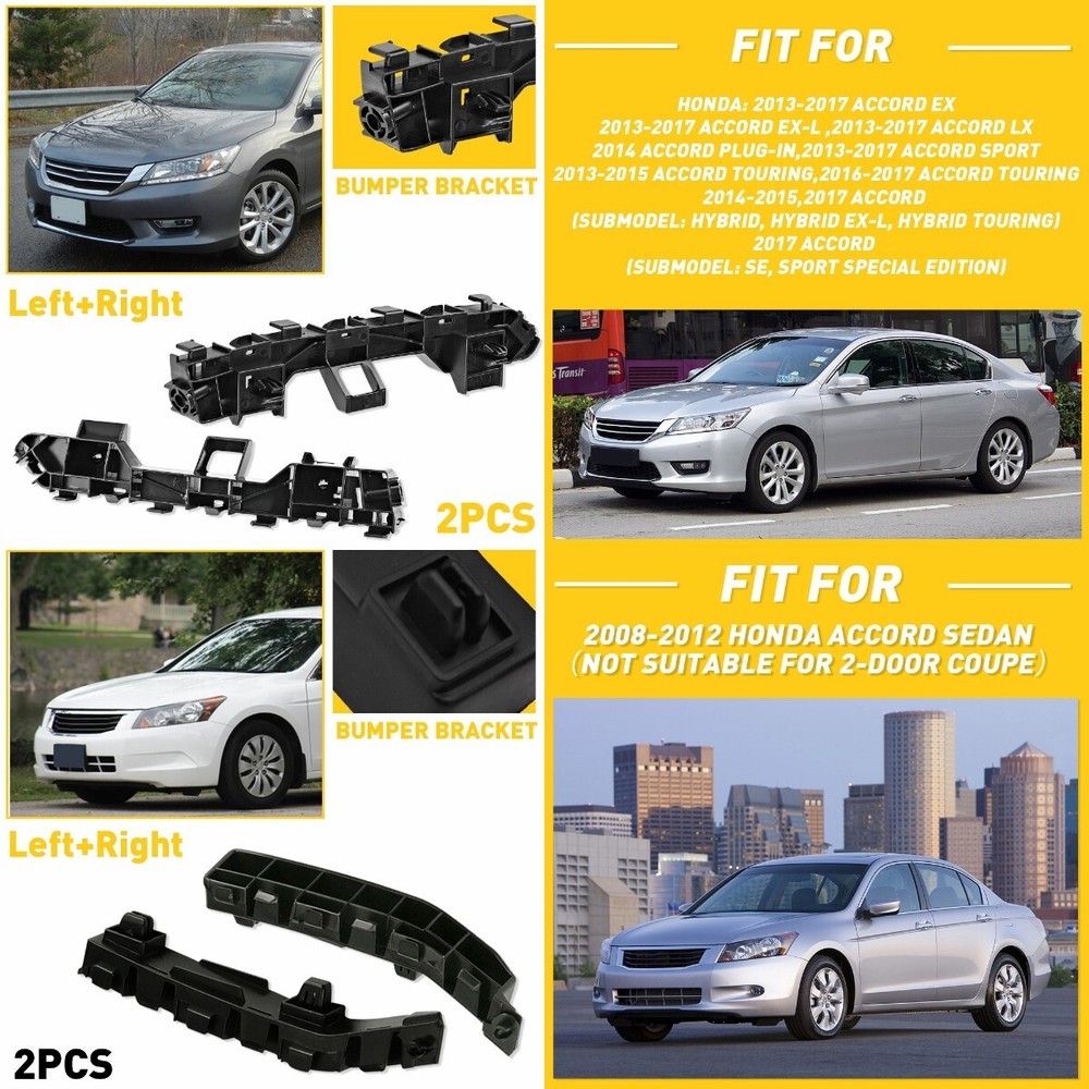 2008-2017 Honda Accord Front Black Plastic Bumper Bracket Set 2Pcs