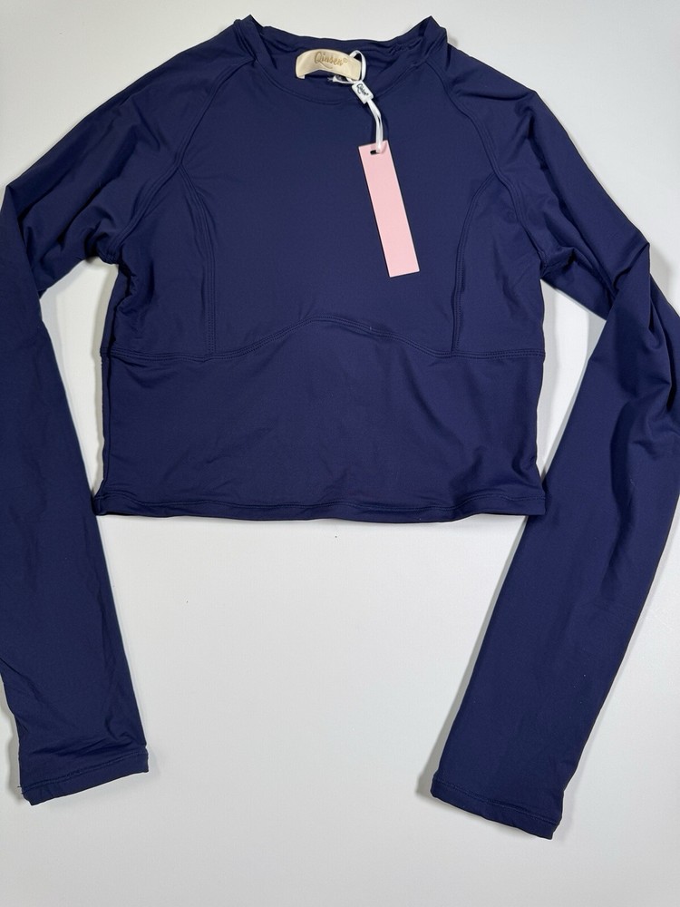 QINSEN Women's Crewneck Long Sleeve Shirts Double Lined Fitted Crop Top Sz L
