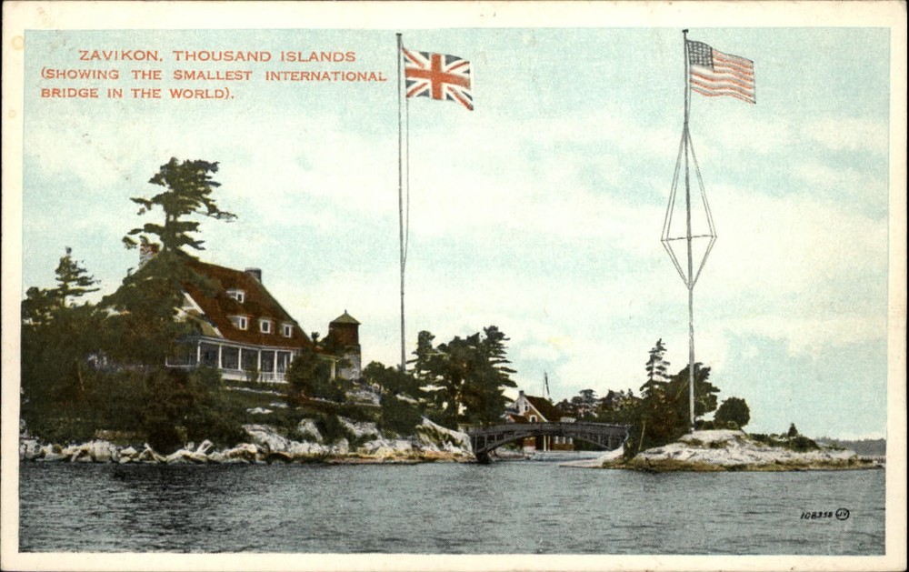 Zavikon Thousand Islands Ontario Canada shoreline bridge flags ~ c1910 postcard
