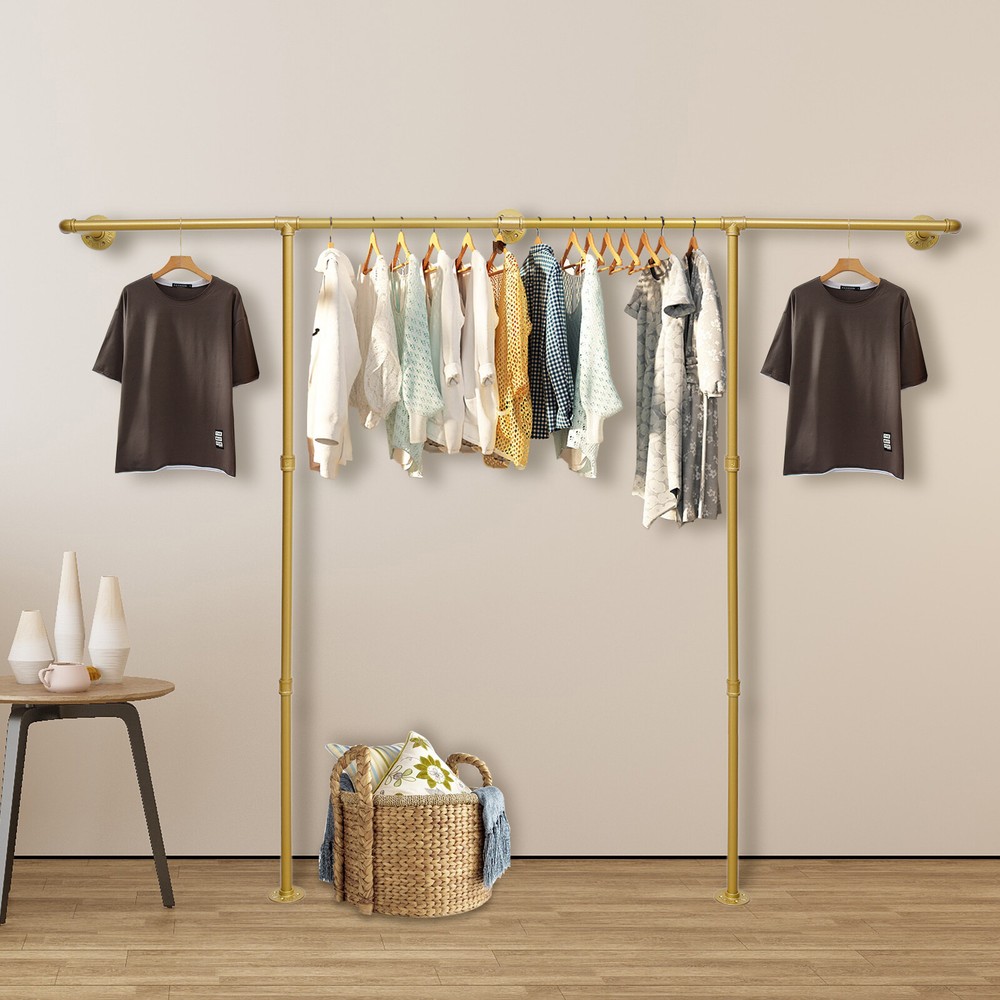 Metal Clothes Rail Hanging Storage Shelf Bedroom Wall Garment Clothes Rack Gold