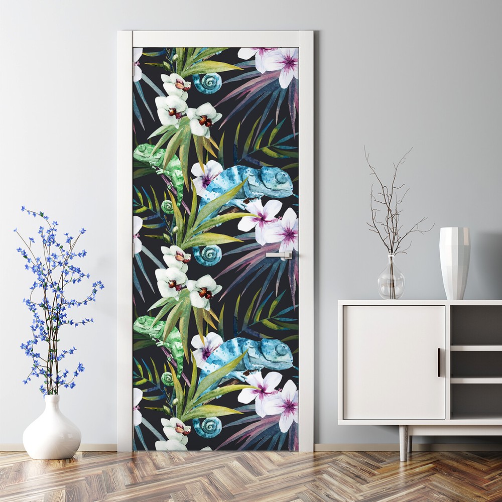 Door Decal Exotic Chameleon Jungle Tropical Exotic Leaves Wildlife Cactus Cacti