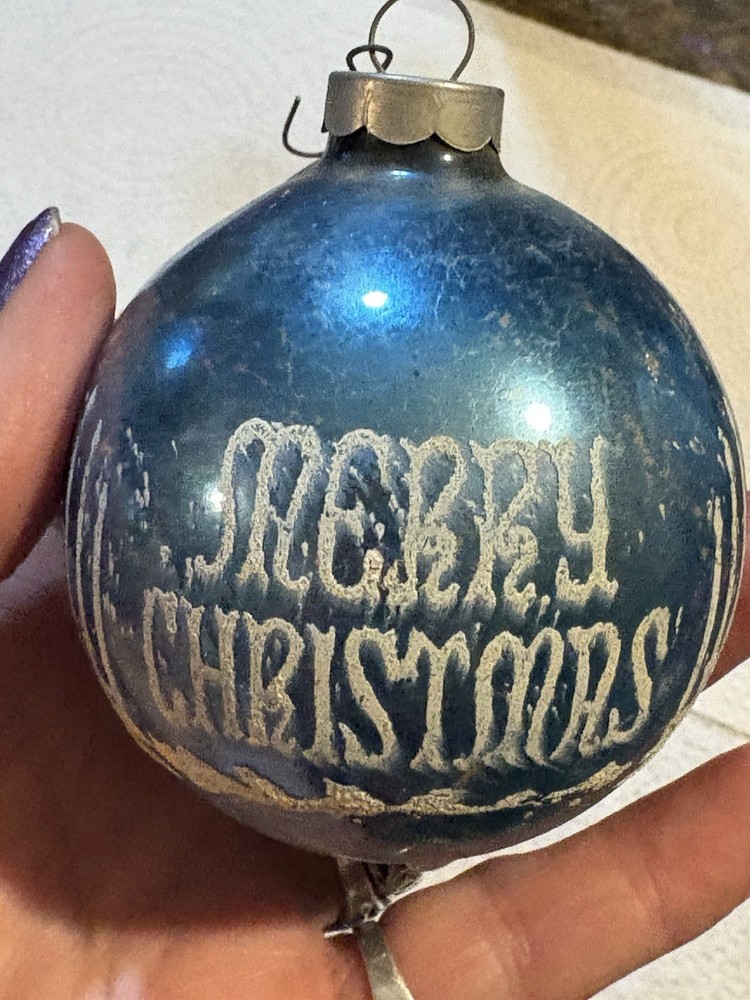 Vtg Mercury Glass Ornament Shiny Brite Glitter Stenciled Merry Christmas Candles