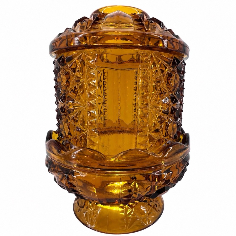 Indiana Glass Stars Bars Amber Fairy Lamp Large 6.5in MCM Candle Holder VTG
