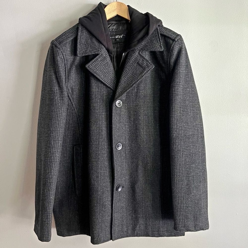 BLACK RIVET mens gray wool blend plaid hooded coat jacket